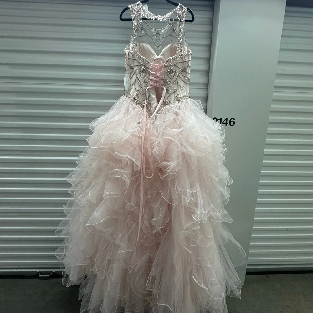 Blush Pink Ball Gown Quinceañera Prom Dress Rhinestone Corset Ruffle Tulle L/XL - Picture 8 of 14